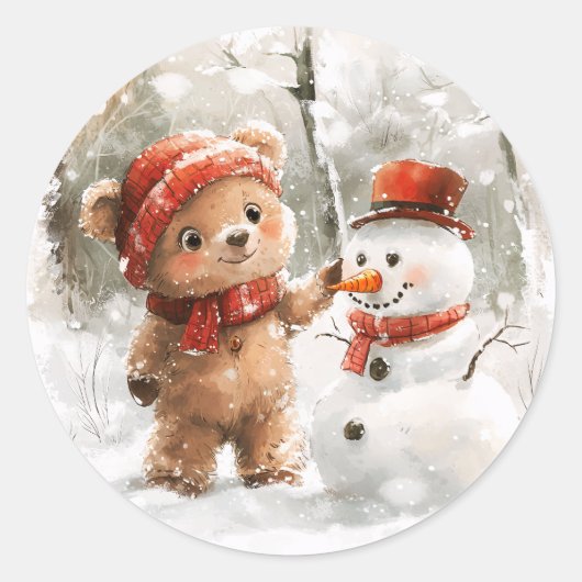 Teddy Bear und Snowman Runder Aufkleber (Vorderseite)