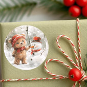 Teddy Bear und Snowman Runder Aufkleber