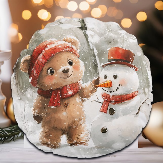 Teddy Bear und Snowman Rundes Kissen (Von Creator hochgeladen)