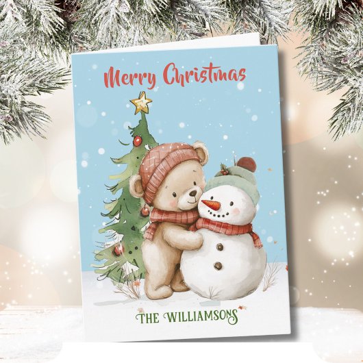 Teddy Bear und Snowman Weihnachtsbaum Karte