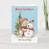 Teddy Bear und Snowman Weihnachtsbaum Karte (Vorderseite)