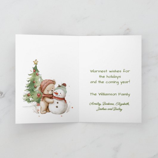Teddy Bear und Snowman Weihnachtsbaum Karte (Innenseite)