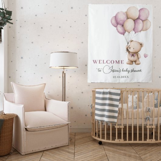 Teddy Bear Violet Dusty Pink Beige Balloons Wandteppich