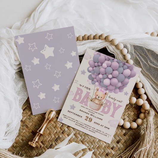 Teddy Bear Violet Pink Baby Girl Dusche Einladung