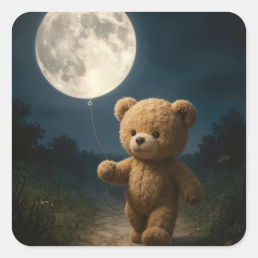Teddy Bear Walking With a Moon Balloon Quadratischer Aufkleber (Vorderseite)