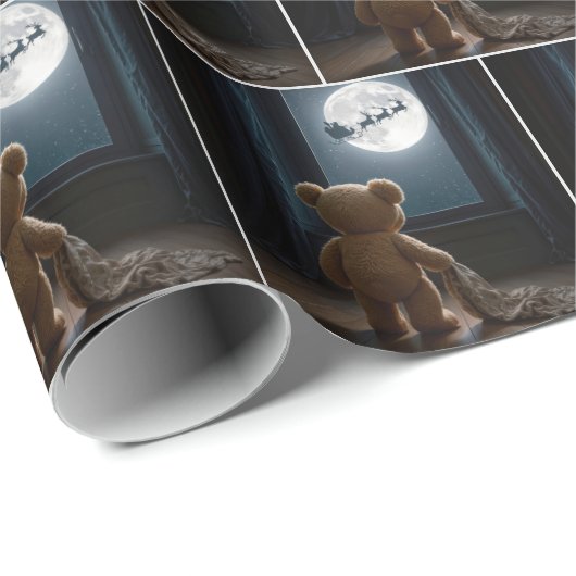 Teddy Bear Watching Santa Claus and Reindeer Geschenkpapier (Rolleneckpunkt)