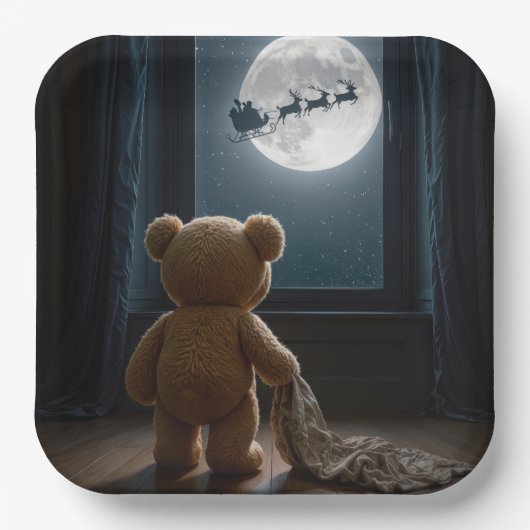 Teddy Bear Watching Santa Claus and Reindeer Pappteller (Vorderseite)