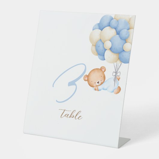Teddy Bear Watercolor Balloons Tischnummer Card Sockelschild (Vorderseite)