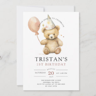 Teddy Bear Watercolor Boy's 1. Geburtstag Einladung