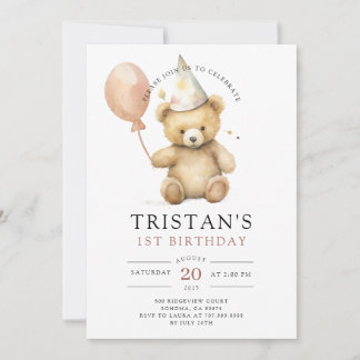 Teddy Bear Watercolor Boy's 1. Geburtstag Einladung