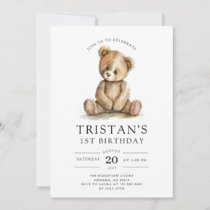 Teddy Bear Watercolor Boy's 1. Geburtstag Einladung