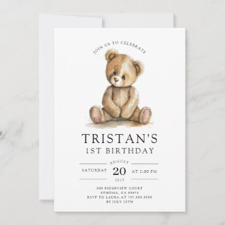 Teddy Bear Watercolor Boy's 1. Geburtstag Einladung