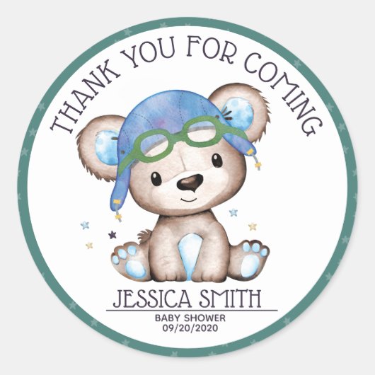 Teddy Bear Watercolor Flugzeug Runder Aufkleber (Vorderseite)