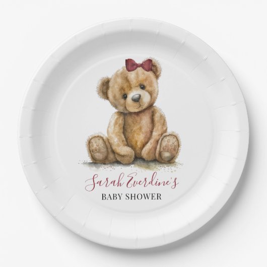 Teddy Bear Watercolor Girl Babydusche Pappteller (Vorderseite)