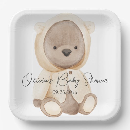 Teddy Bear Watercolor Personalisiert Babydusche Pappteller (Vorderseite)