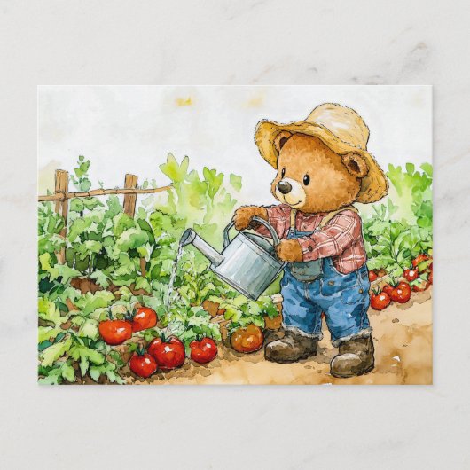 Teddy Bear Watering Tomato Plants Postkarte (Vorderseite)