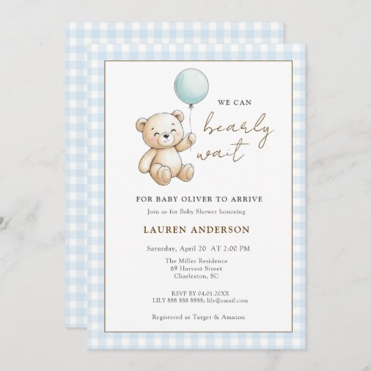 Teddy Bear We can Bearly wait Boy Baby shower Einladung (Vorne/Hinten)