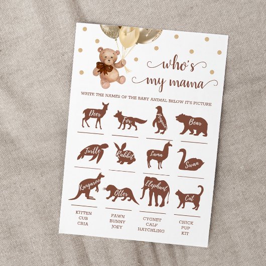 Teddy Bear Who is my mama game Baby Showcard Einladung