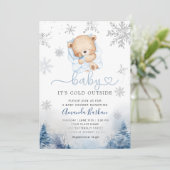 Teddy Bear Winter snowflakes Blue Boy Baby shower  Einladung (Stehend Vorderseite)