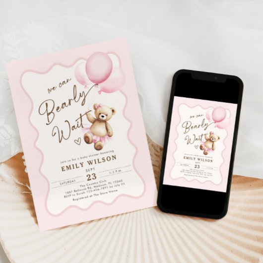 Teddy Bear wir können frühzeitig abwarten Baby Gir Einladung