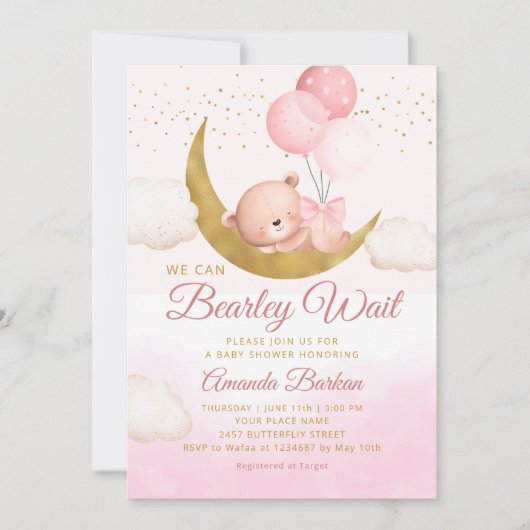 Teddy Bear wir können frühzeitig Mädchen Baby Dusc Einladung (Vorderseite)