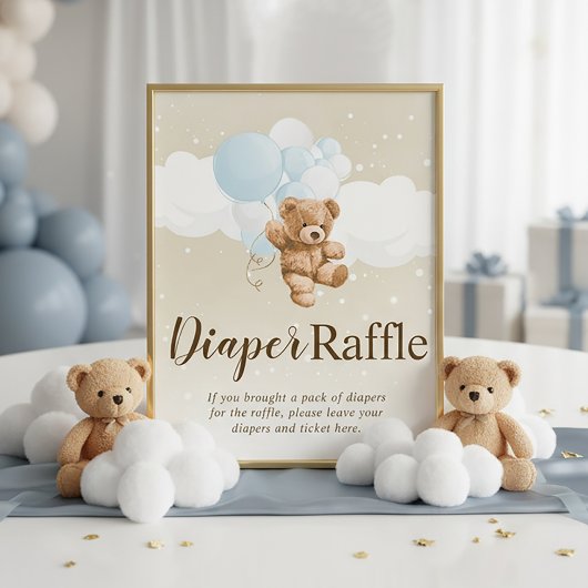 Teddy Bear with Blue Balloons Diaper Raffle Sign Fotodruck