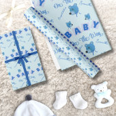 Teddy Bear With Blue Text Baby Shower Geschenkpapier