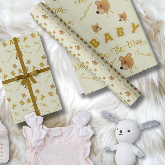 Teddy Bear With Gold Cream Text Baby Shower Geschenkpapier