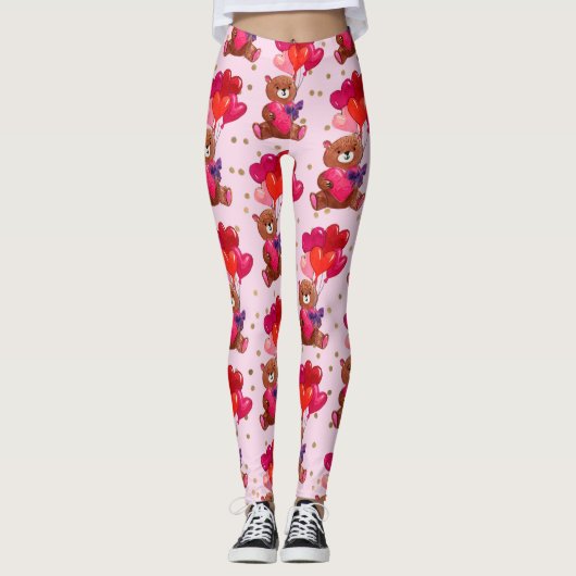 Teddy Bear With Heart Balloons Pattern Leggings (Vorderseite)