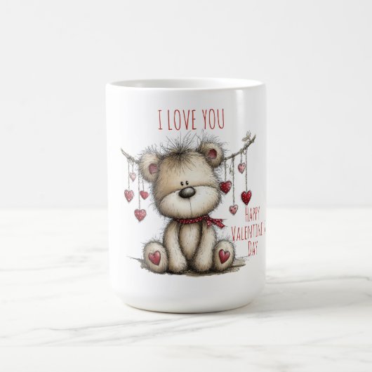 Teddy Bear with Heart Scarf and Hanging Hearts Kaffeetasse (Mittel)