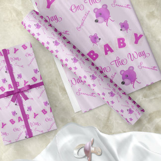 Teddy Bear With Pink Purple Text Baby Shower Geschenkpapier