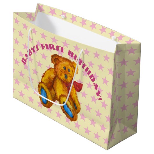 Teddy Bear With Pink Stars Große Geschenktüte (Vorderseite Schrägansicht)