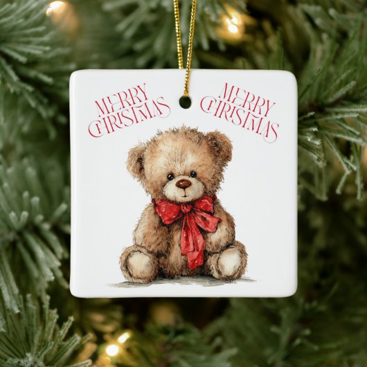Teddy Bear with Red Bow | Merry Christmas Ornament (Baum)