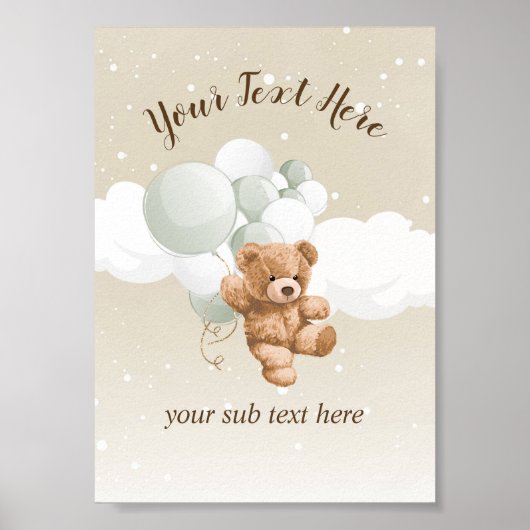 Teddy Bear with Sage Balloons Table Sign Poster (Vorne)