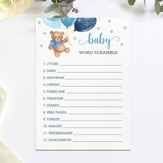 Teddy Bear Word Scramble Game Baby Showkarte Einladung