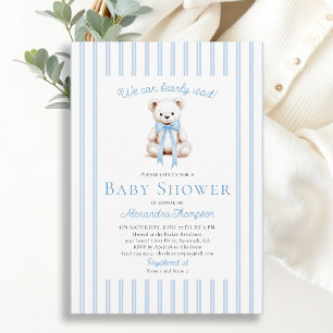 Teddy Bearly Wait Neutrales Blau gestreifte Babypa Einladung
