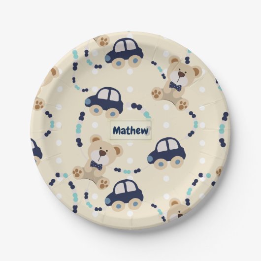 Teddy Bears and Cars Baby Boy Pattern Pappteller (Vorderseite)