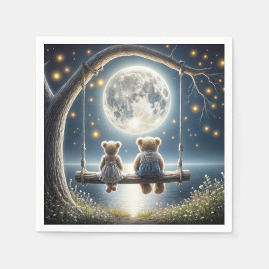 Teddy Bears auf einer Schaukel im Mondlicht Serviette (Vorderseite)