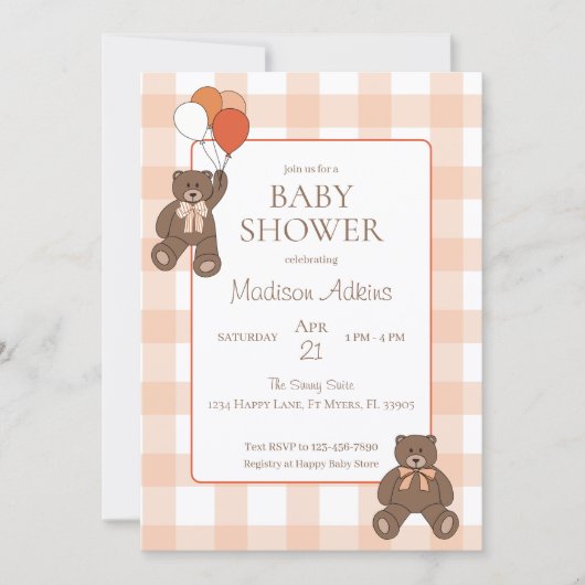 Teddy Bears Baby Shower Balloons Bows Orange Plaid Einladung (Vorderseite)