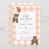 Teddy Bears Baby Shower Balloons Bows Orange Plaid Einladung (Vorne/Hinten)