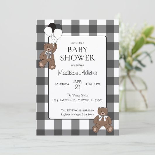 Teddy Bears Black Buffalo Check Baby Shower Einladung (Stehend Vorderseite)