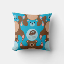 Teddy Bears Blue Braune Monogram Kid Square Pillow
