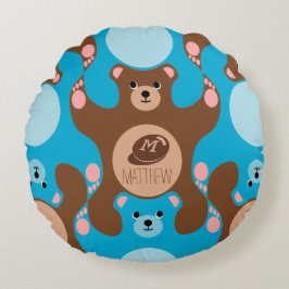 Teddy Bears Braunblau Monogram Kid Round Pillow Rundes Kissen