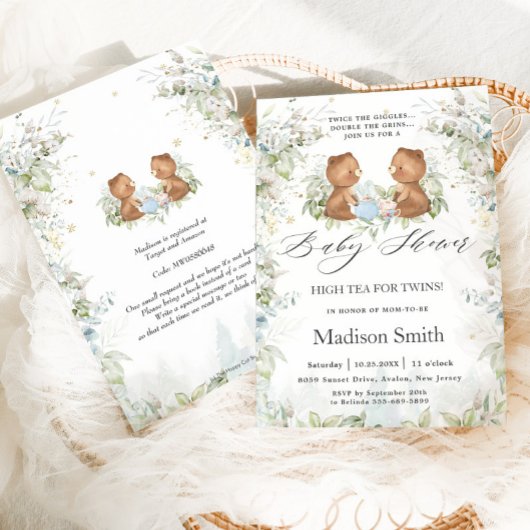 Teddy BearS Chic High Tea Party Twins Baby Dusche Einladung