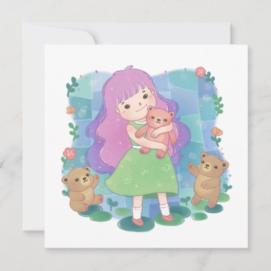 Teddy Bears & Girl Illustration Einladung (Vorderseite)