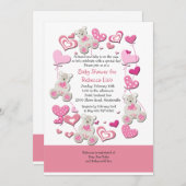 Teddy Bears & Heart Balloons Rosa Einladung (Vorne/Hinten)