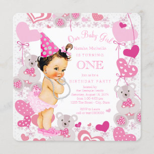 Teddy Bears Hearts Girls 1. Geburtstags-Party Einladung