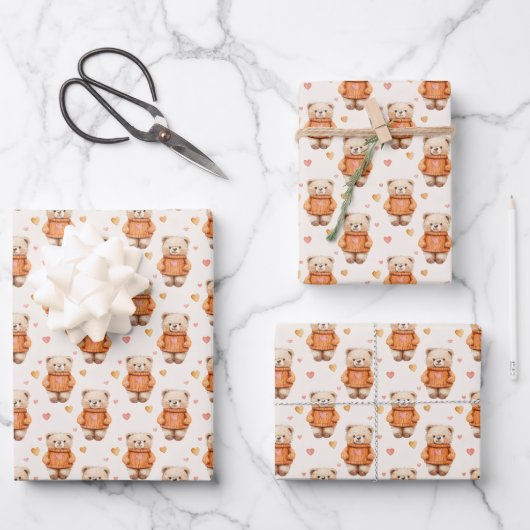 Teddy Bears in Orange Sweaters Geschenkpapier Set (Vorderseite)