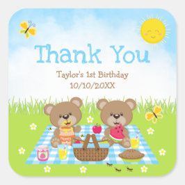 Teddy Bears Picnic Birthday Blue Gingham Vielen Da Quadratischer Aufkleber