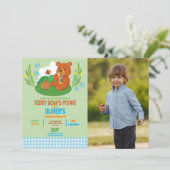 Teddy Bear's Picnic Birthday Foto Park Blue Einladung (Stehend Vorderseite)